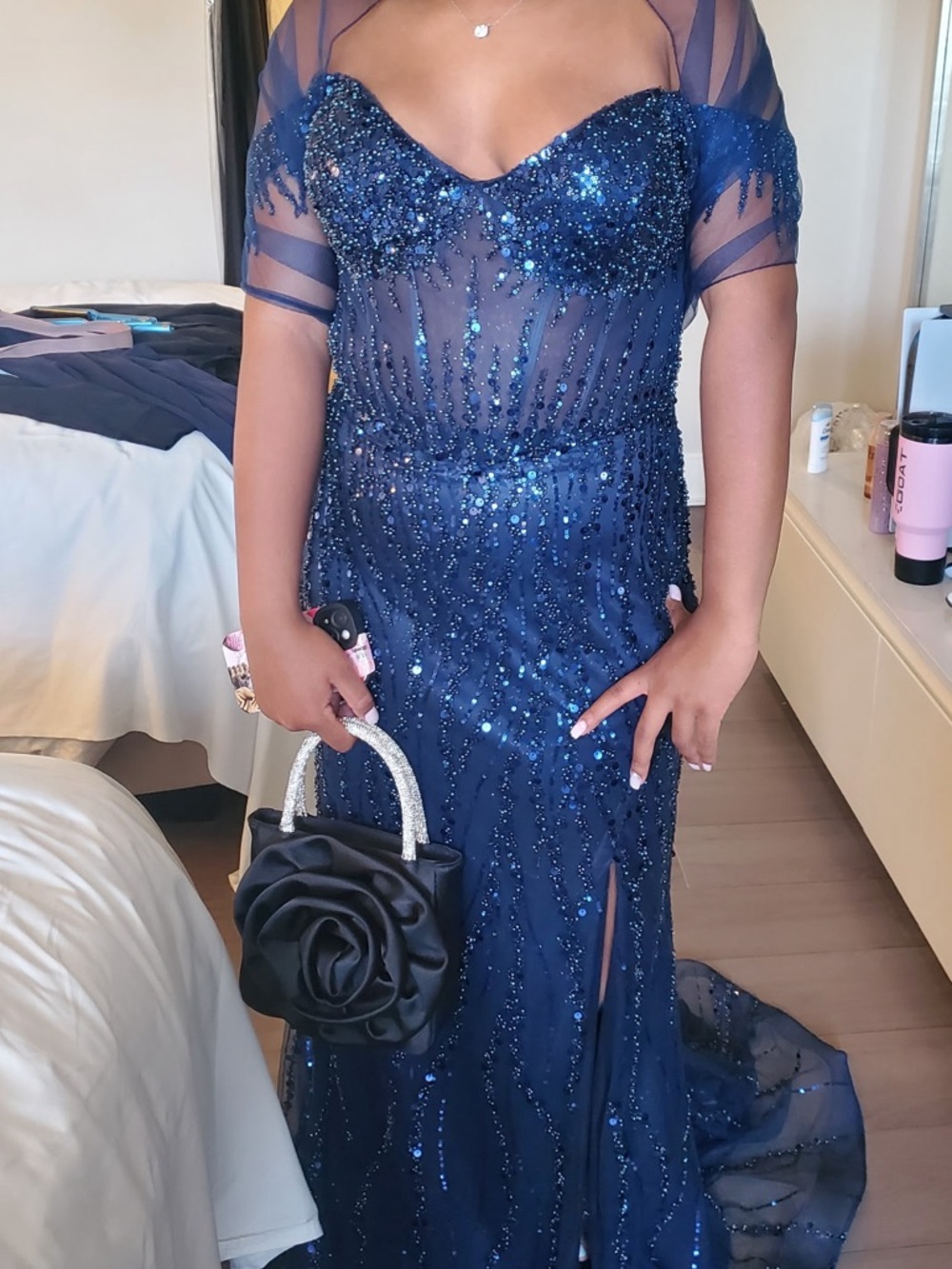 Navy Sequin Evening/ Prom Gown with Sheer Shall